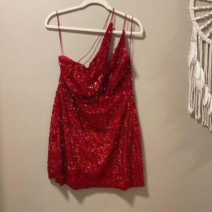 NWT Zara Red Sequin & Velvet One Shoulder Body Con Dress